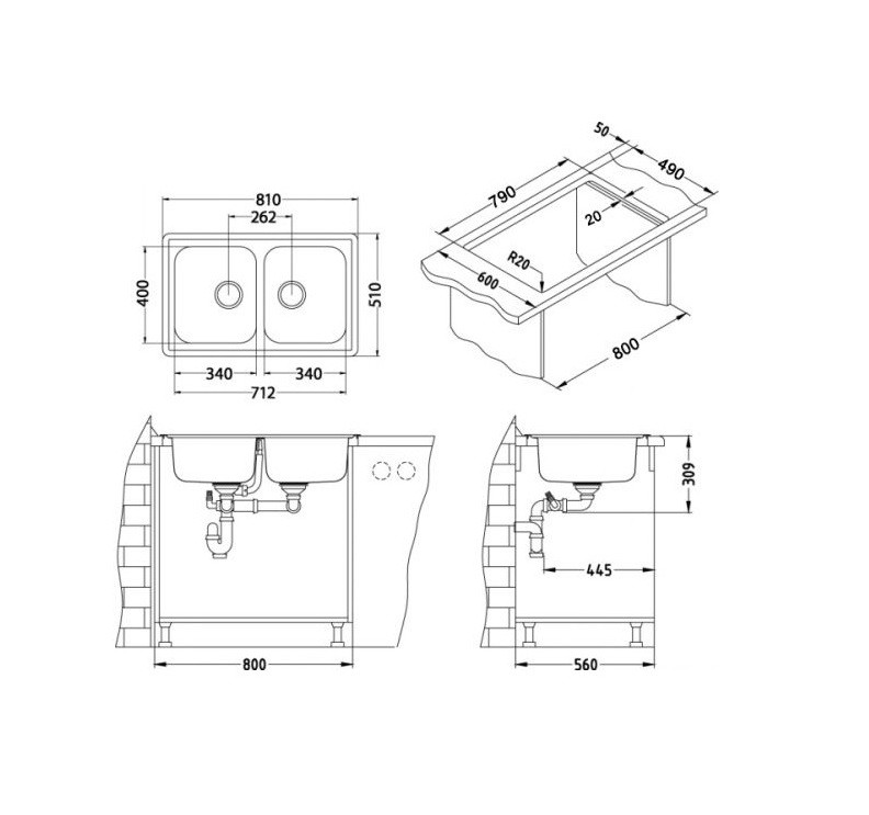 Alveus Elegant 40 Satin Finish sudopera ugradna pravougaona prohromska 81x51x19 sa dve posude, odlivnim ventilom sifona i sifonom 1009383