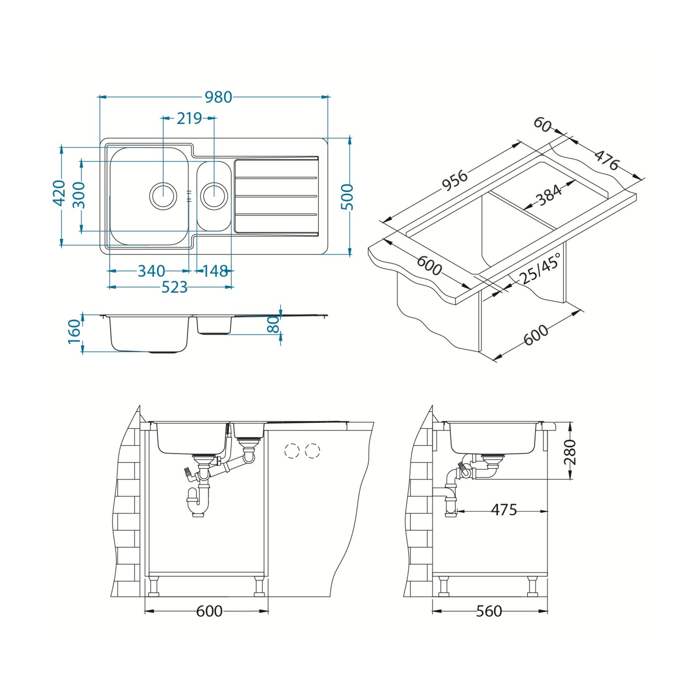 Alveus Line 10 NAT sudopera ugradna četvrtasta prohromska 98x50x16 sa dve posude, prelivom, odlivnim ventilom sifona i sifonom 1064281