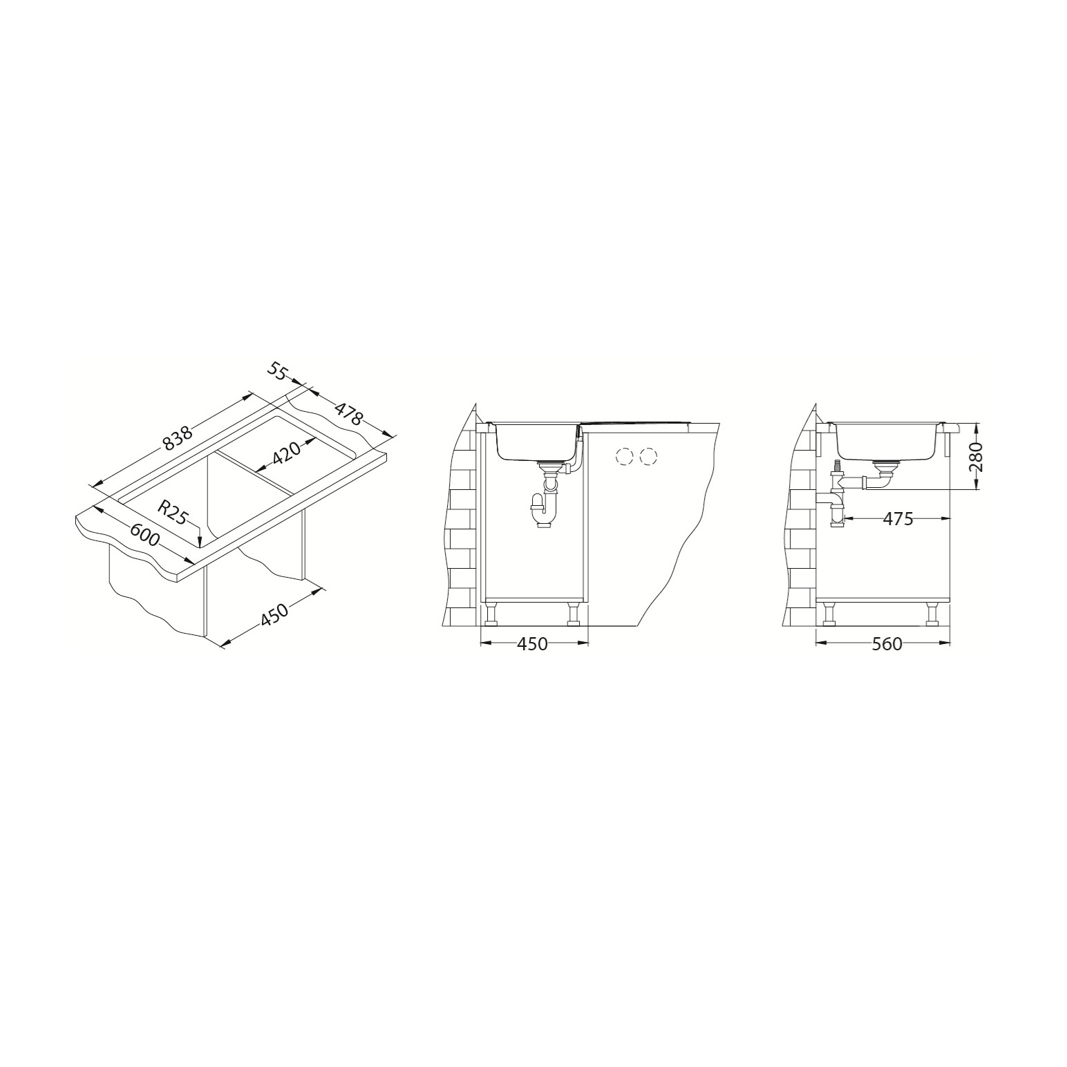 Alveus Line 20 NAT sudopera ugradna četvrtasta prohromska 86x50x16 sa ocednom površinom, prelivom, odlivnim ventilom sifona i sifonom 1065560