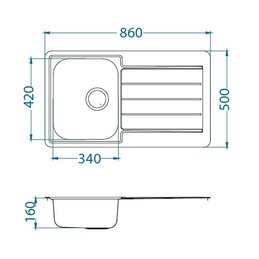 Alveus Line 20 NAT sudopera ugradna četvrtasta prohromska 86x50x16 sa ocednom površinom, prelivom, odlivnim ventilom sifona i sifonom 1065560