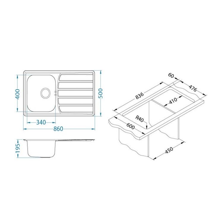 Alveus Zoom Maxim 30 Satin Finish sudopera ugradna pravougaona prohromska 86x50x19,5 sa prelivom, odlivnim ventilom sifona i sifonom 1108176
