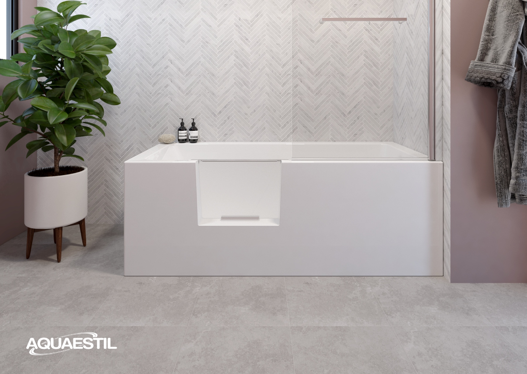 Aquaestil Plane Easy Corner D White 160x70x57 samostojeća kada za kupanje sa vratima, desna, četvrtasta, ugaona, od sanitarnog akrila sa odlivom klik-klak i prelivom Ø52mm, integrisanim oblogama i postoljem 60S0765