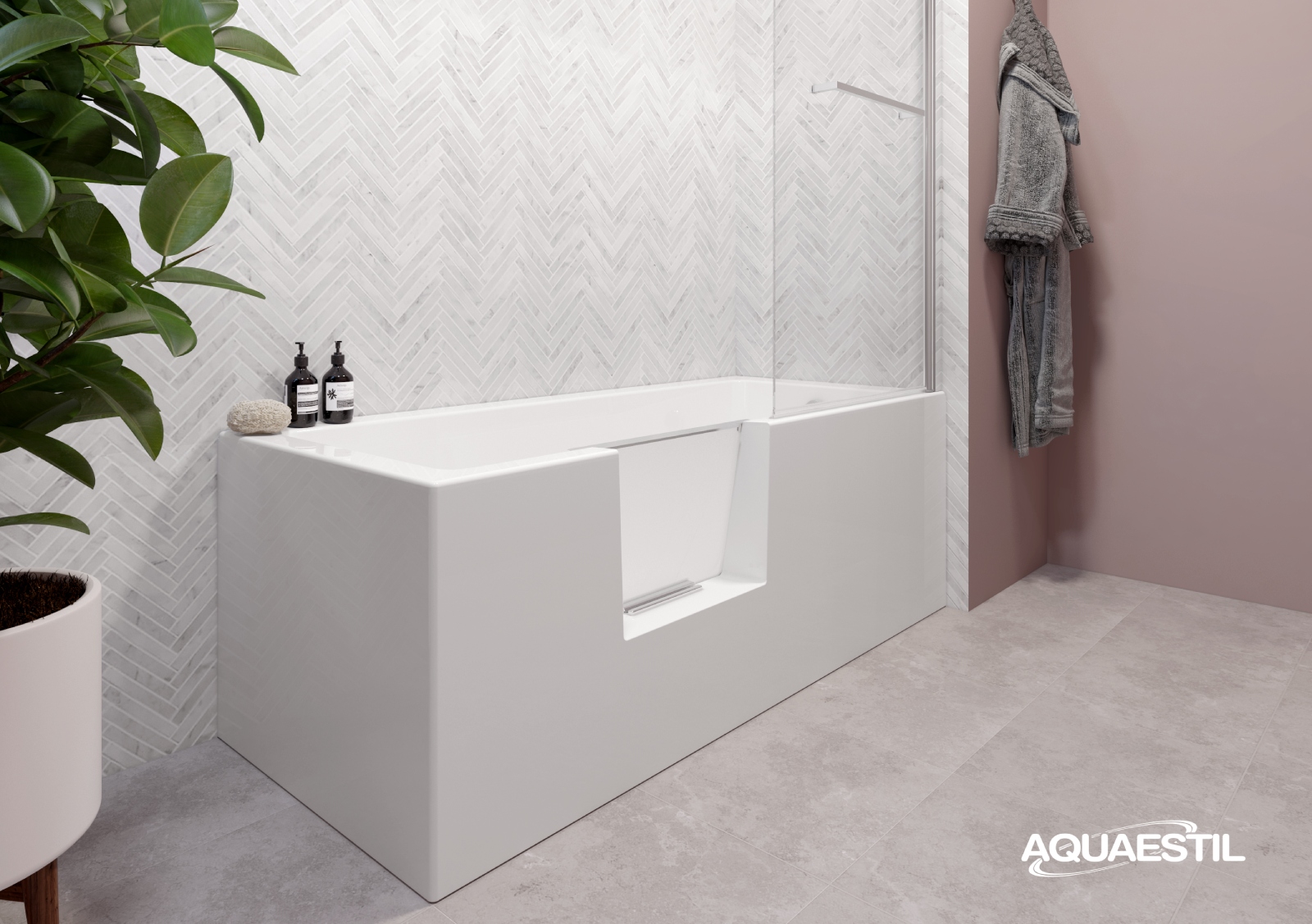 Aquaestil Plane Easy Corner L White 160x70x57 samostojeća kada za kupanje sa vratima, leva, četvrtasta, ugaona, od sanitarnog akrila sa odlivom klik-klak i prelivom Ø52mm, integrisanim oblogama i postoljem 60S0762