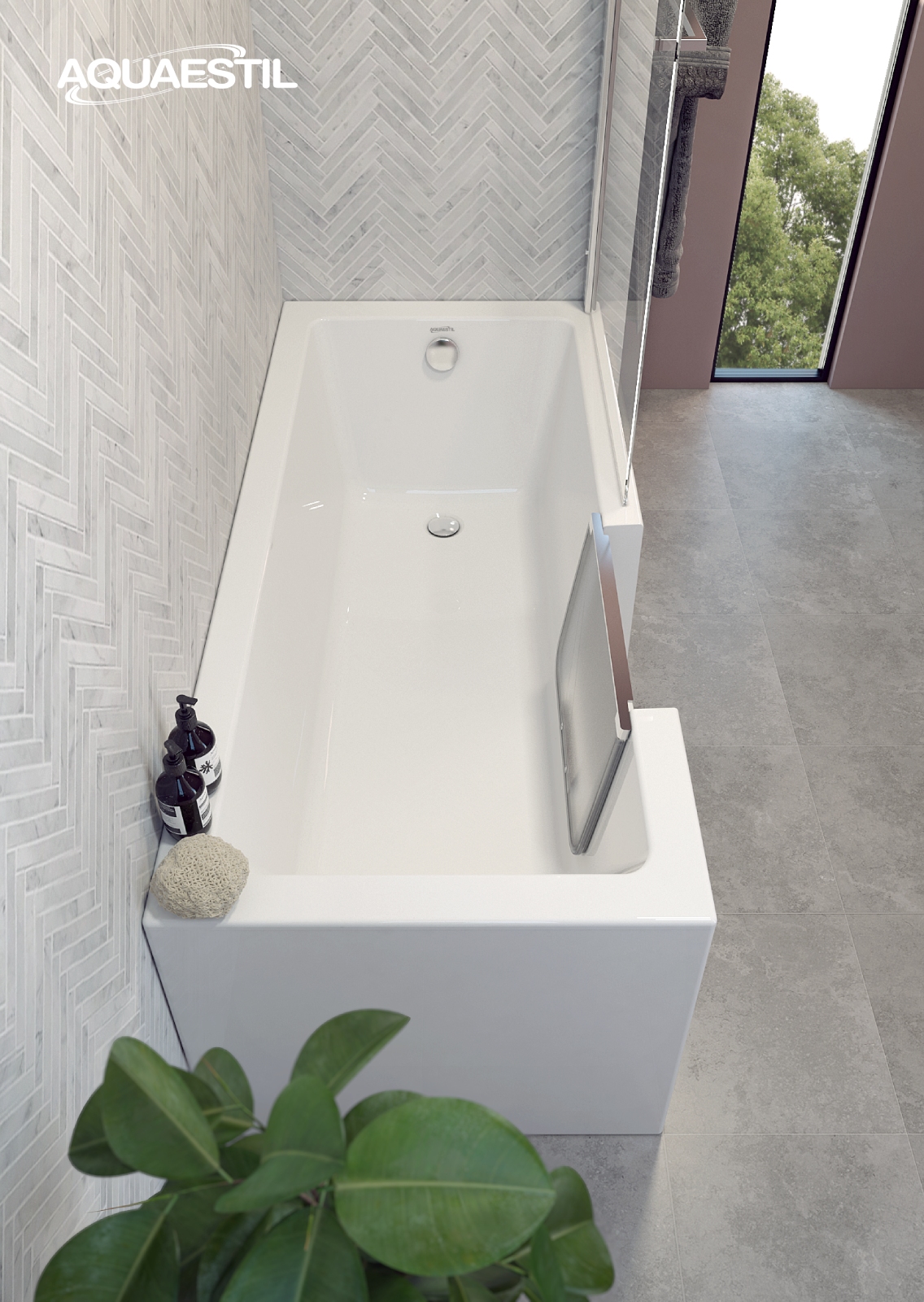 Aquaestil Plane Easy Corner L White 160x70x57 samostojeća kada za kupanje sa vratima, leva, četvrtasta, ugaona, od sanitarnog akrila sa odlivom klik-klak i prelivom Ø52mm, integrisanim oblogama i postoljem 60S0762