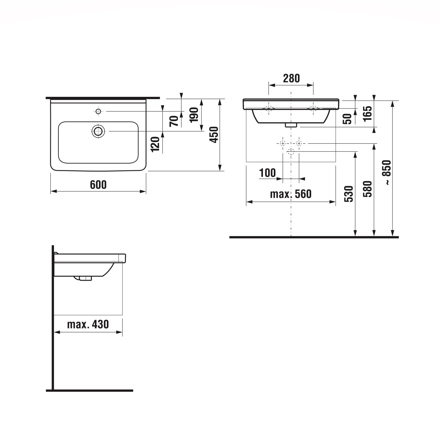 Jika Cubito Pure White umivaonik (lavabo) 600x450x50 konzolni sa rupom za bateriju i sa prelivom 8.1042.3.000.104.1