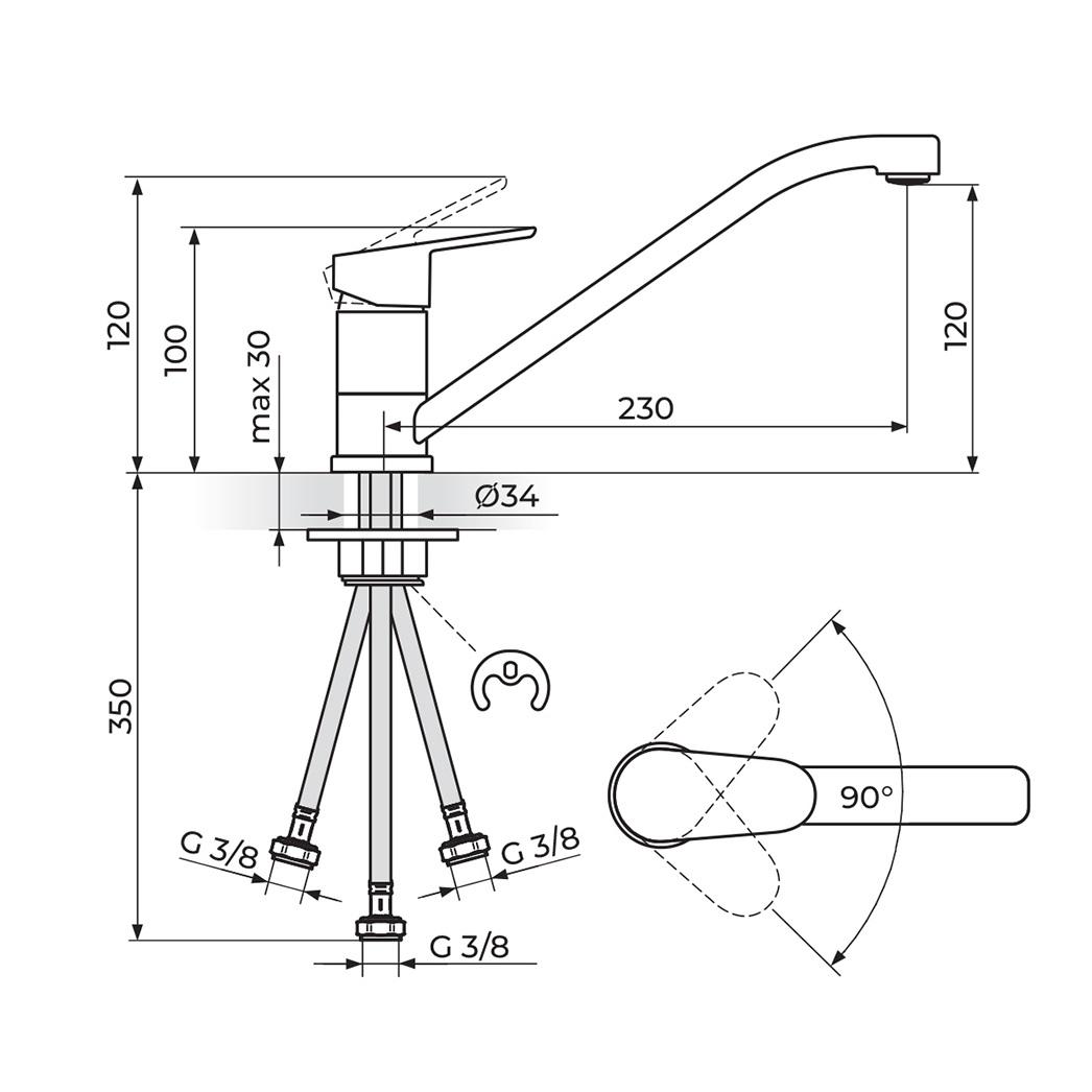 Rosan Smart 120 Chrome baterija (slavina) za sudoperu sa 3 cevi sa izlivom dužine 230mm JA381003