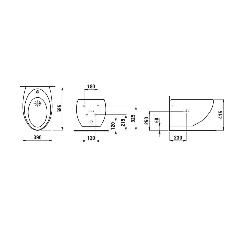 Laufen Il Bagno Alessi White LCC bide 58,5x39x35,5 konzolni sa centralnim otvorom za bateriju, sa skrivenim prelivom, keramičkim poklopcem ventila i dve bočne rupe za priključak vode 8.3097.1.400.304.1