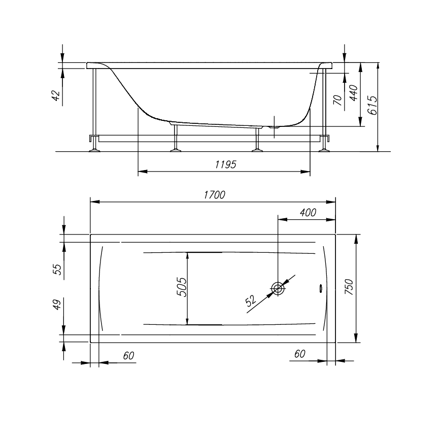 Kolpa San Evelin White 170x75x61,5 hidromasažna kada za kupanje četvrtasta ugaona ugradna od sanitarnog akrila sa odlivom i prelivom Ø52mm, oblogama i postoljem 576480