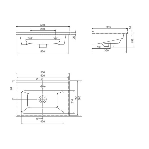 Turkuaz CeraStyle Arte White umivaonik (lavabo) 55x36,5x2 konzolni sa rupom za bateriju i prelivom 67200U