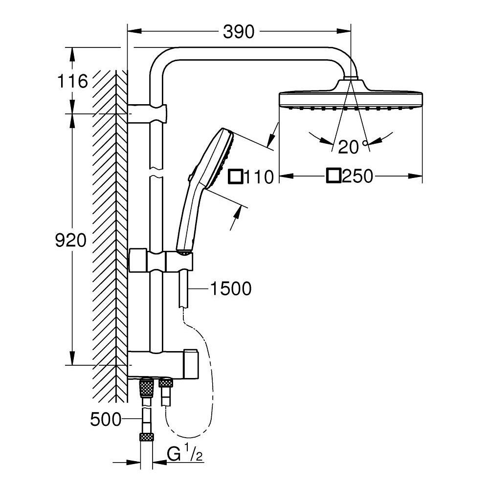 Grohe Tempesta System Cube 250 Chrome tuš sistem usponski sa ručnim tuš setom i četvrtastim nadglavnim tušem 26694001