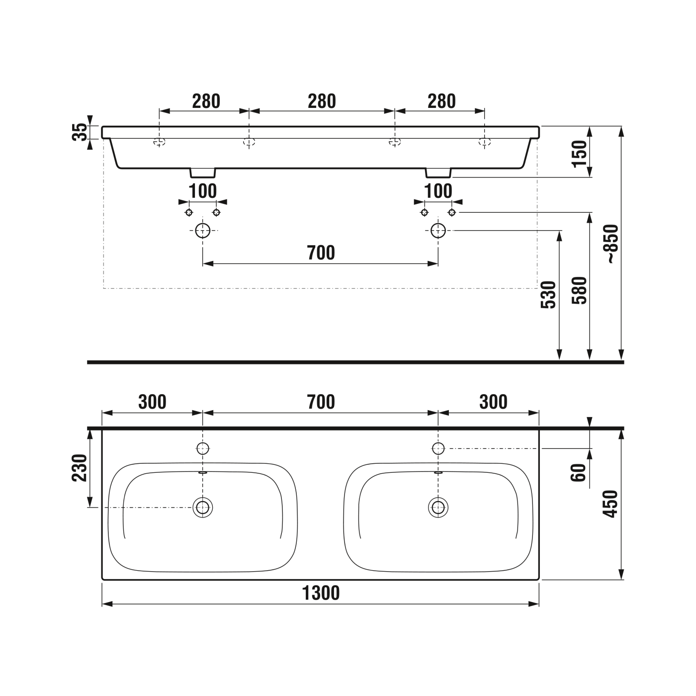 Jika Mio N White umivaonik (lavabo) 130x45x0,35 konzolni sa dve rupe za bateriju i sa dva preliva 8.1471.4.000.104.1