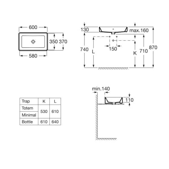 Roca The Gap Square White umivaonik (lavabo) 60x37x13 nadgradni sa prelivom pravougaoni A3270Y2000
