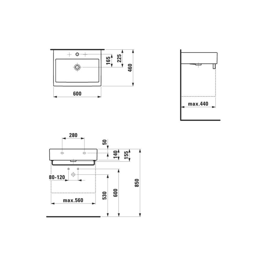 Laufen Living White umivaonik (lavabo) 60x46x15,5 konzolni i nadgradni sa rupom za bateriju i prelivom 8.1743.3.000.104.1