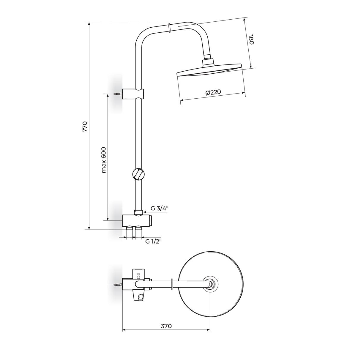 Rosan Blau 220 Matt Black nadglavni i ručni usponski tuš set sa prebacivačem PUT70B