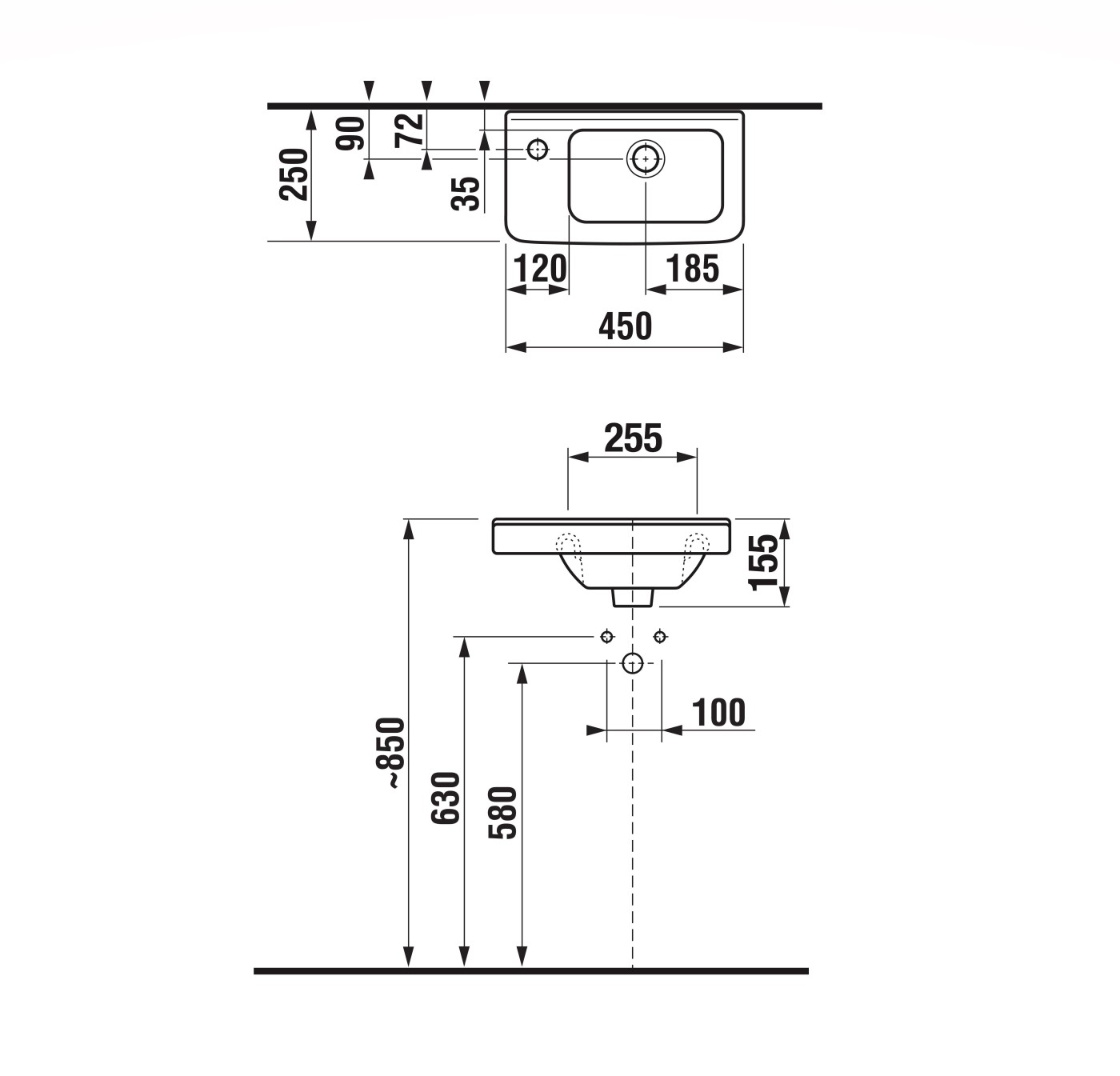 Jika Cubito Pure White umivaonik (lavabo) 450x250x50 sa rupom za bateriju levo i sa prelivom 8.1142.3.000.105.1