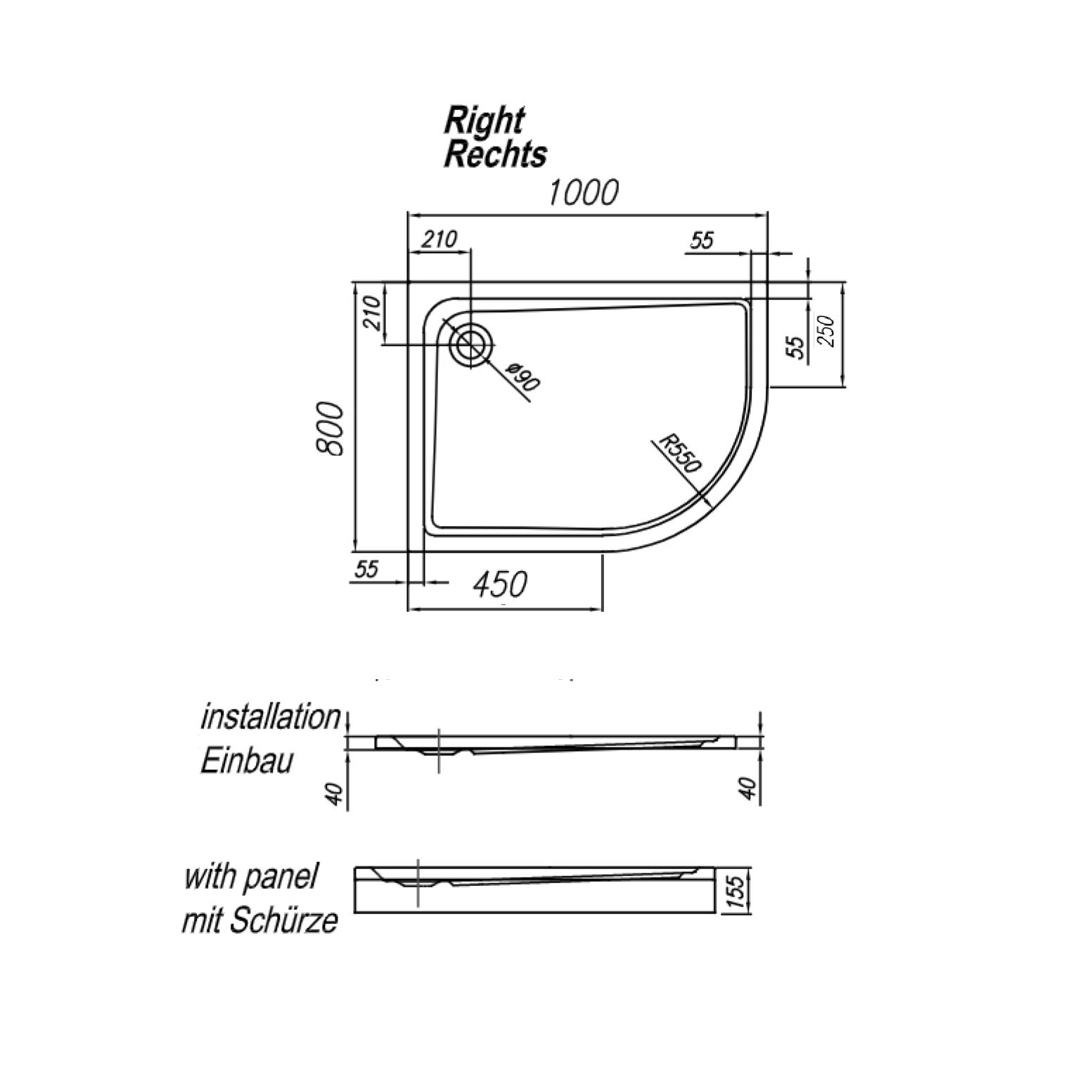 Kolpa San Malur D White 80x100x15.5 R550 tuš kada desna polukružna ugradna od sanitarnog akrila sa oblogom i postoljem sa odlivom Ø90mm 537060