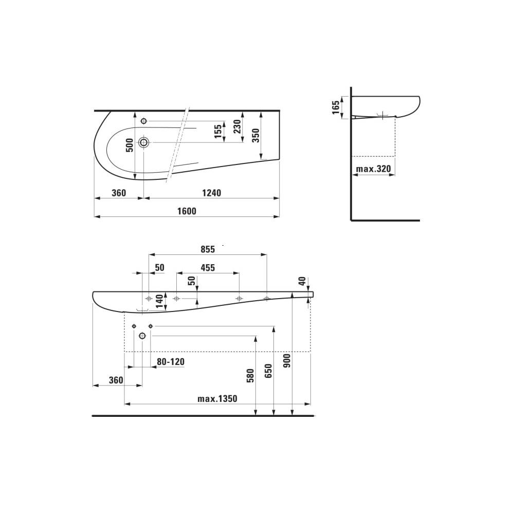 Laufen Il Bagno Alessi White LCC umivaonik (lavabo) 120x50x16,5 konzolni sa desnim zaravnjenjem i keramičkim poklopcem odlivnog ventila sifona nezatvorivim 8.1497.1.400.109.1