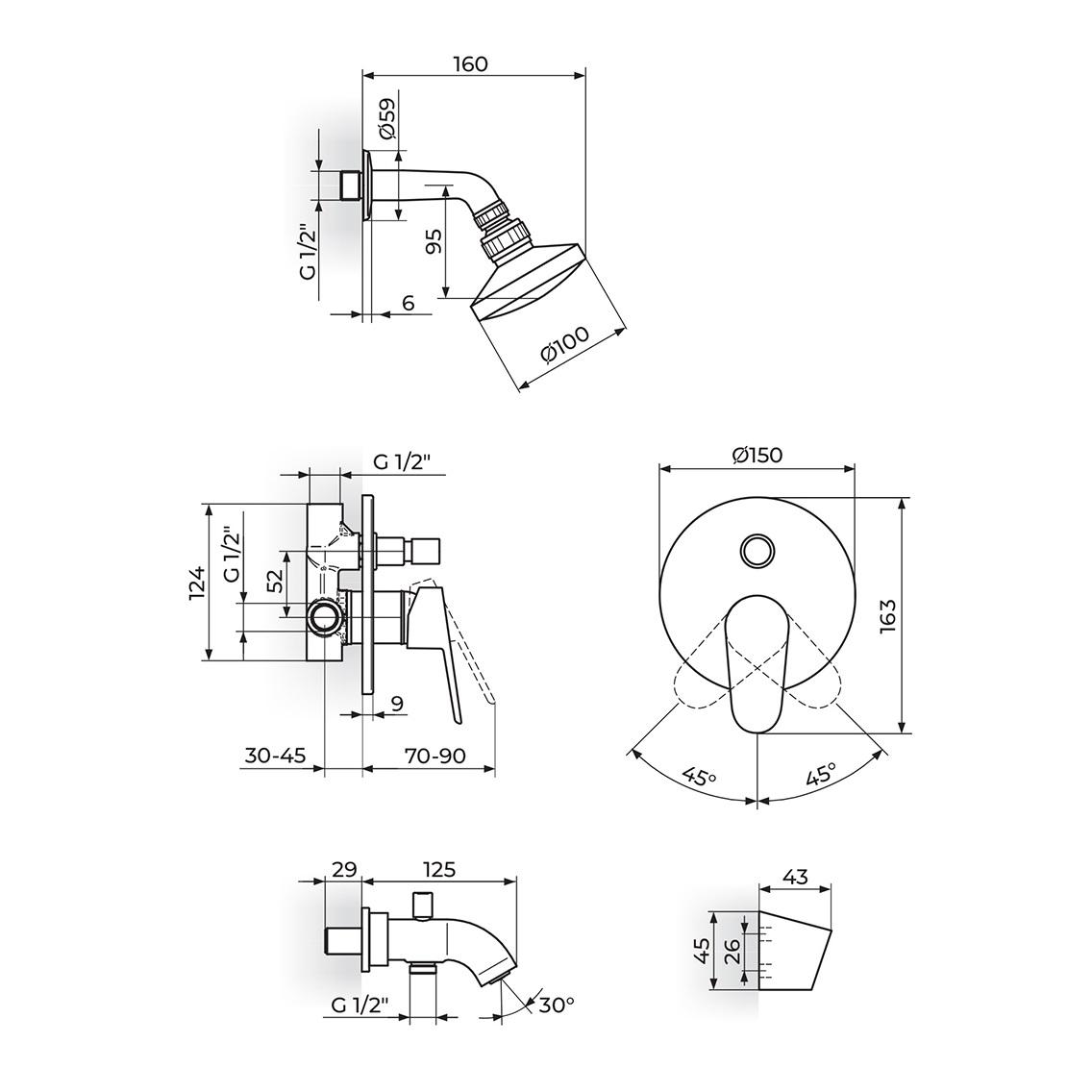 Rosan Smart 100 Chrome mešač sa prebacivačem, nadglavni tuš okrugli sa držačem zidnim, izliv sa priključkom za crevo ručnog tuša i ručni tuš set sa fiksnim držačem JA317001