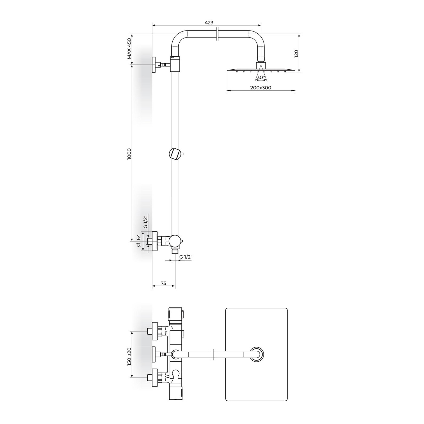 Rosan S2 Thermo 200/300 Chrome tuš sistem usponski sa termostatskom baterijom, ručnim tuš setom i četvrtastim nadglavnim tušem 2T37251