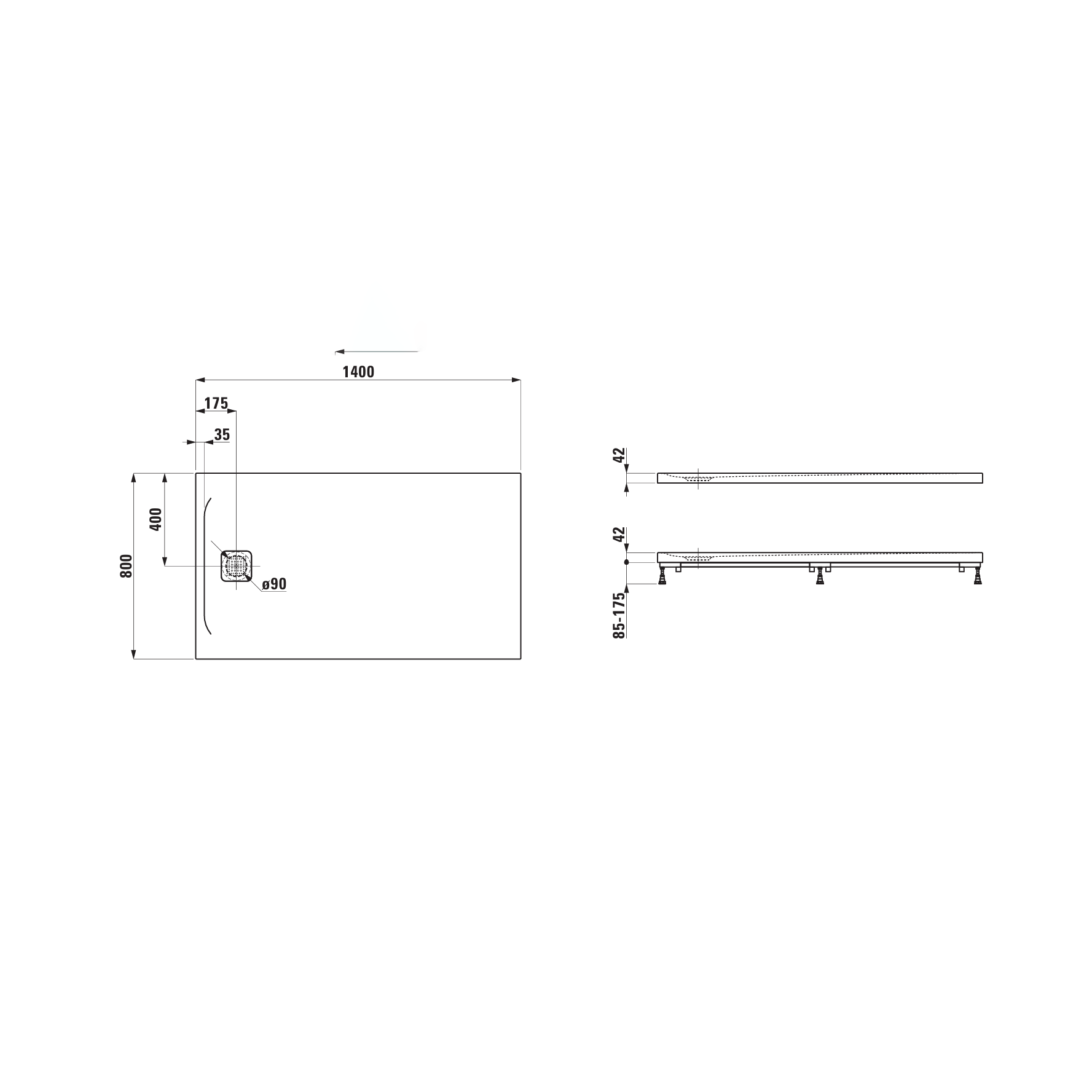 Laufen Pro Marbond White tuš kada 140x80 ugradna ili nadgradna visine 42mm sa poklopcem sifona 2.1295.6.000.000.1