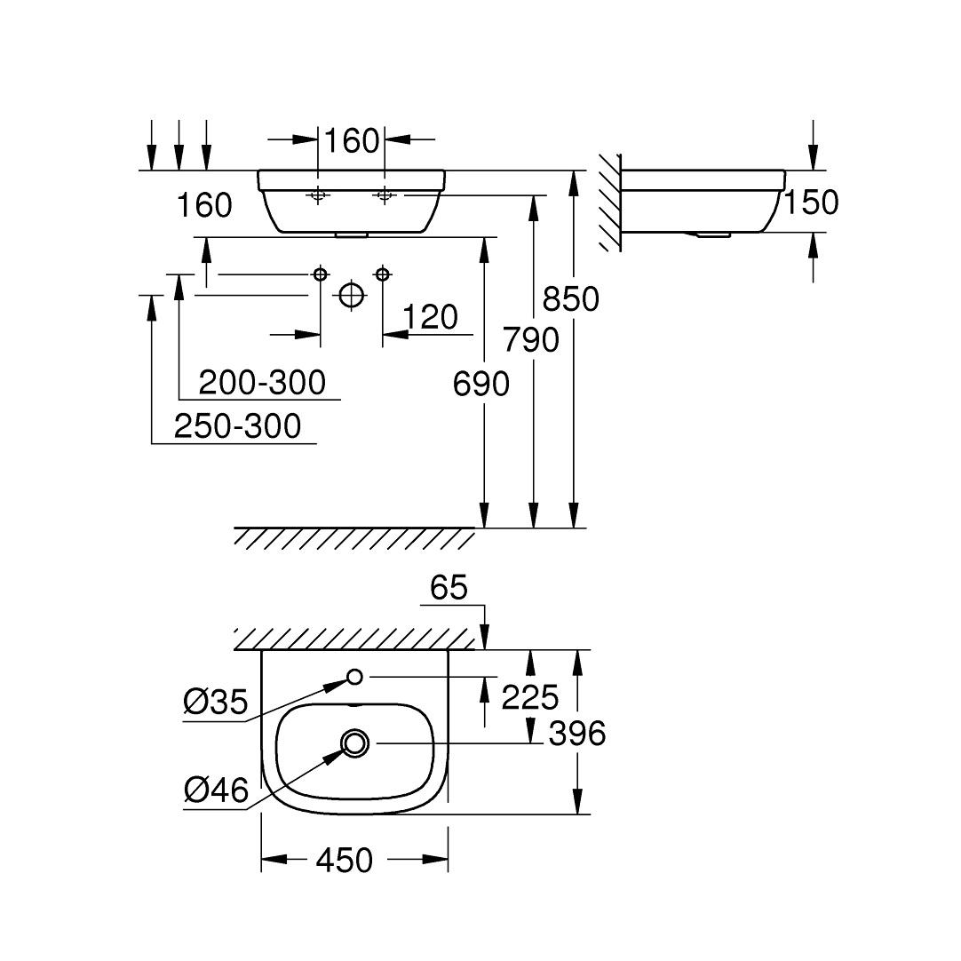 Grohe Euro Ceramic Alpine White umivaonik (lavabo) 45x39,6x16 konzolni sa rupom za bateriju i sa prelivom 39324000