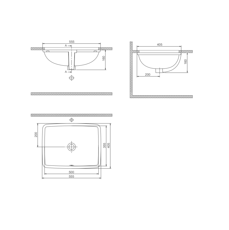 Turkuaz CeraStyle City White umivaonik (lavabo) 55,5x40,5x16 podgradni sa prelivom četvrtasti 70400