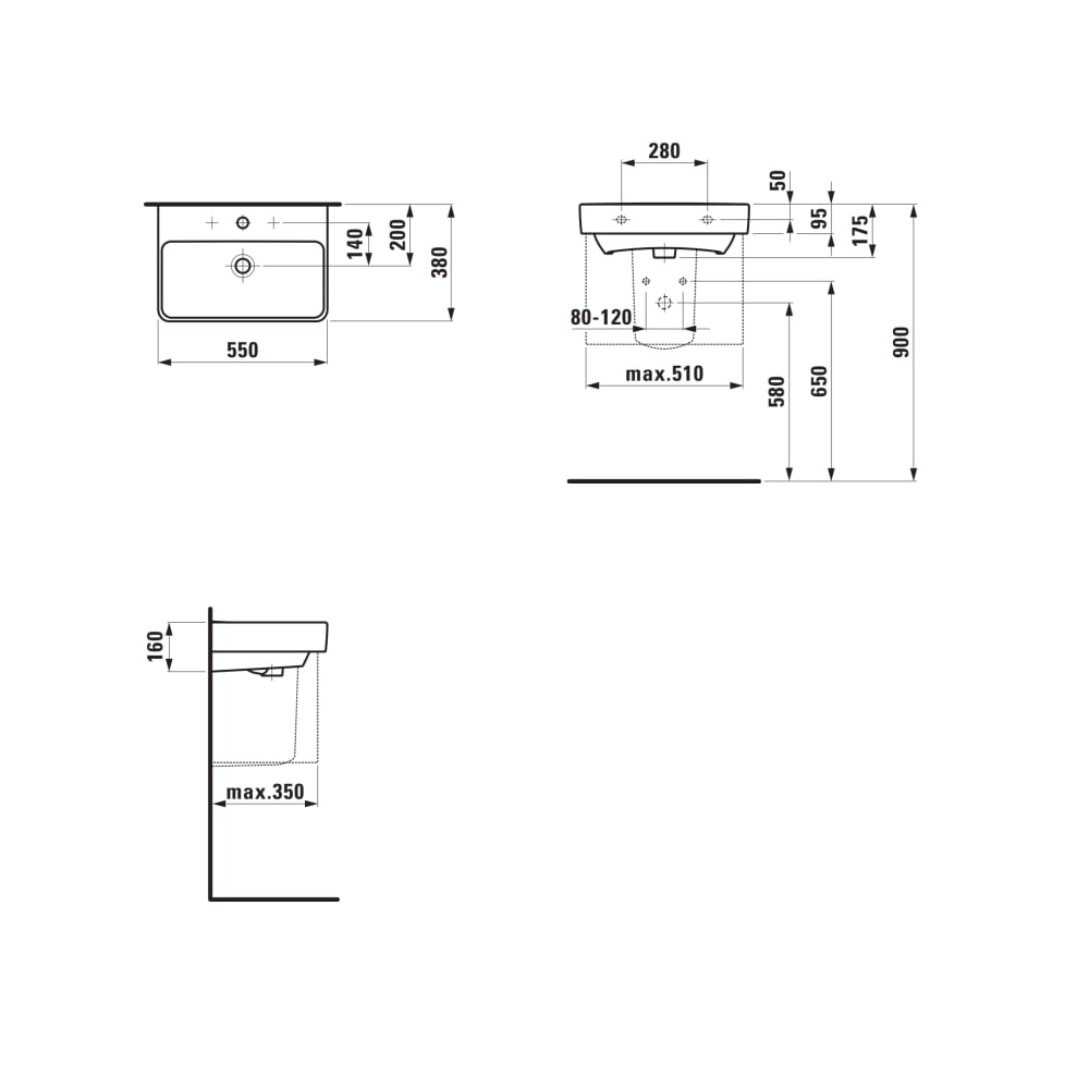 Laufen Pro S White umivaonik (lavabo) 55x38x9,5 konzolni sa rupom za bateriju i prelivom 8.1895.8.000.104.1