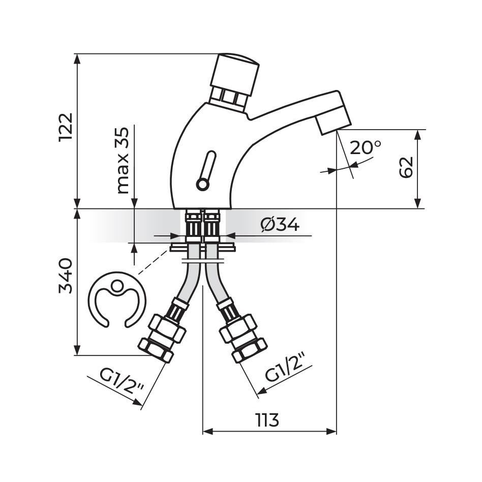 Rosan Public+ 62 Chrome potisna baterija (slavina) za umivaonik sa automatskim vremenskim zatvaranjem A73007