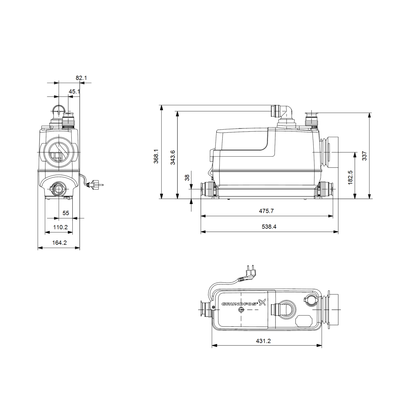 Grundfos Sololift2 CWC-3 Compact pumpa podizna automatska za otpad iz WC šolje sa 3 priključka za otpadnu vodu iz umivaonika, bidea i/ili kade 220-240V 50Hz 97775316