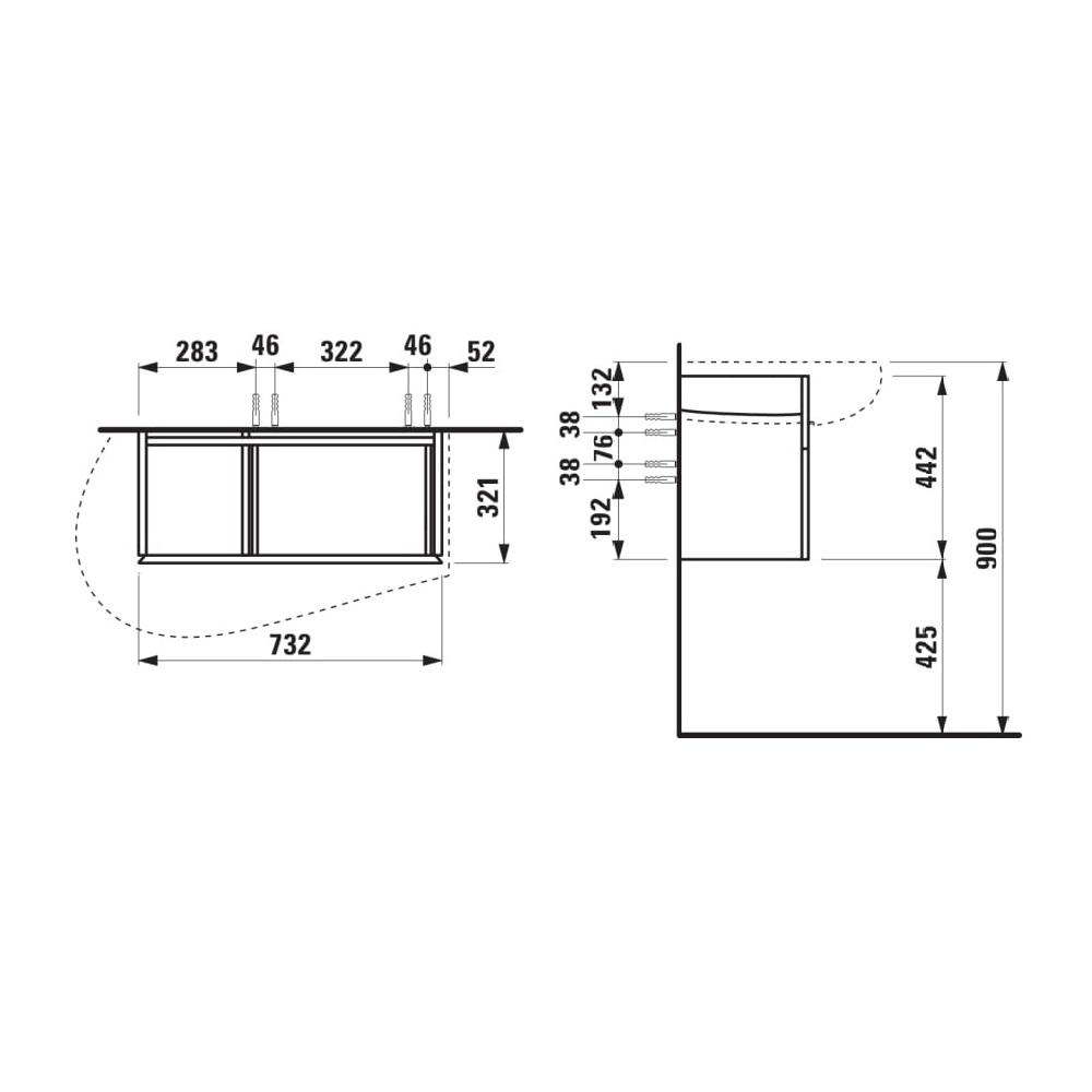 Laufen Il Bagno Alessi White Matt konzolni ormar za umivaonik 73,2x32,1x44,2 sa fiokom, integrisanom ručkom na levoj i desnoj strani jednom fiokom sa mehanizmom za meko zatvaranje i sifonskim izrezom na levoj strani 4.3040.1.097.260.1