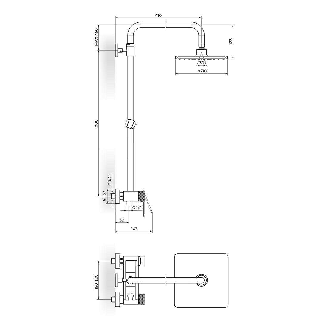 Rosan S2 Black 210 Matt Black tuš sistem usponski sa baterijom, ručnim tuš setom i četvrtastim nadglavnim tušem 237251B