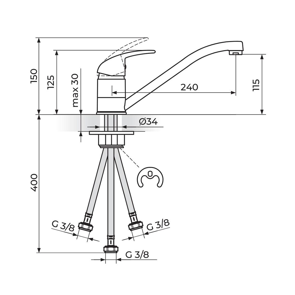Rosan King 115 Chrome baterija (slavina) za sudoperu sa 3 cevi sa izlivom dužine 240mm J381003