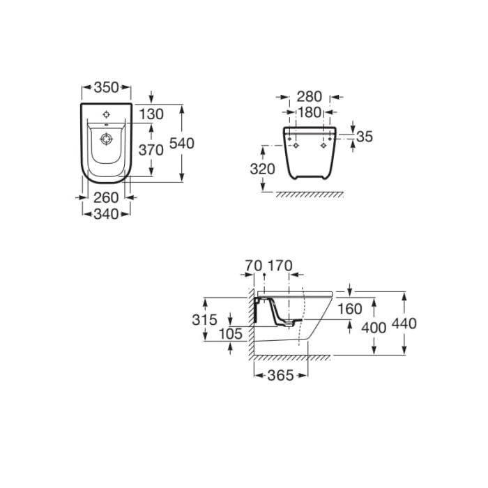 Roca The Gap White bide konzolni 35x54x40 sa rupom za bateriju i sa prelivom A357476000