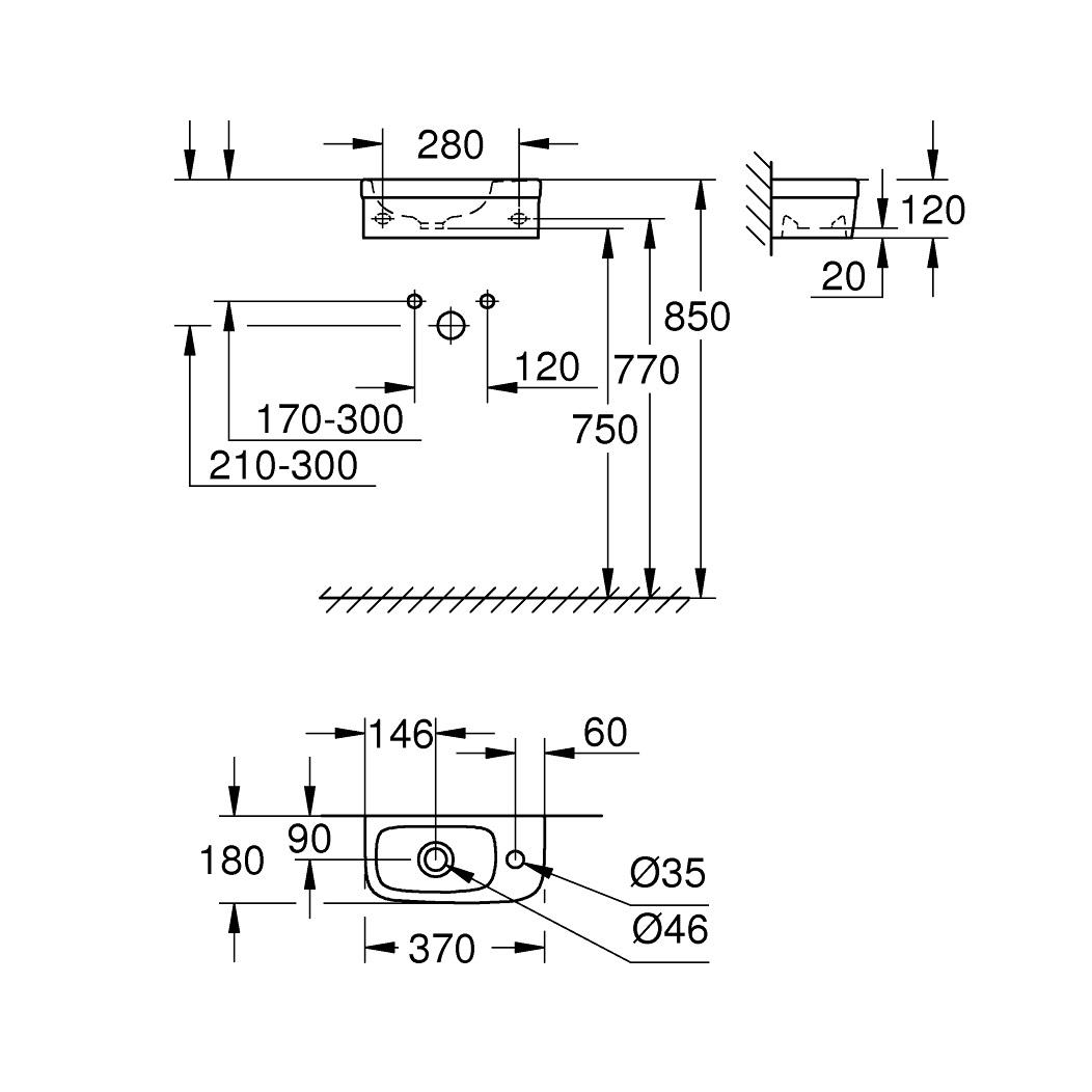 Grohe Euro Ceramic Alpine White umivaonik (lavabo) 37x18x12 konzolni sa rupom za bateriju desno 39327000