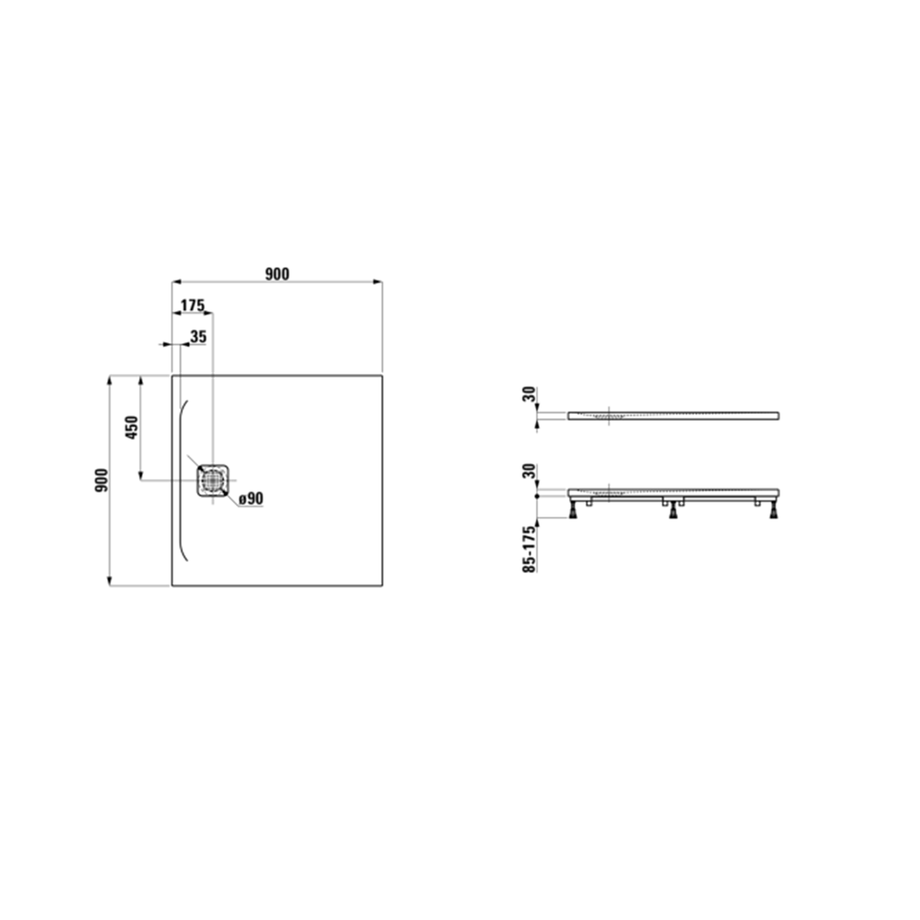 Laufen Pro Marbond Black tuš kada 90x90 ugradna ili nadgradna visine 30mm sa poklopcem sifona 2.1095.6.080.000.1