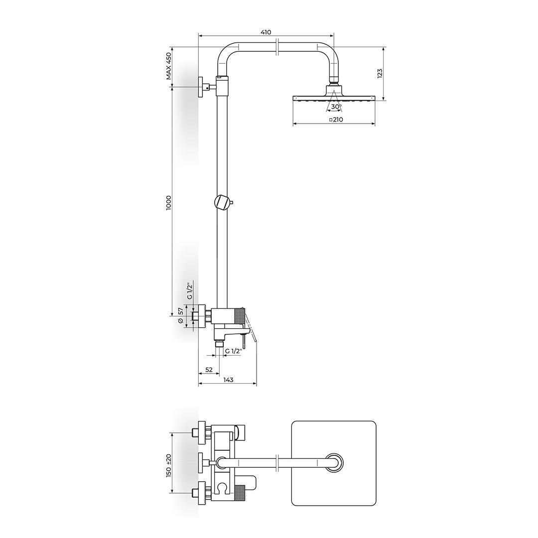 Rosan S2 Black 210 Matt Black tuš sistem usponski sa baterijom sa izlivom, ručnim tuš setom i četvrtastim nadglavnim tušem 237351B