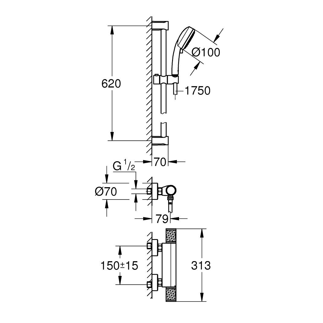 Grohe Grohtherm 1000 Chrome baterija za tuš termostatska sa Tempesta 100 ručnim tuš setom 34783000