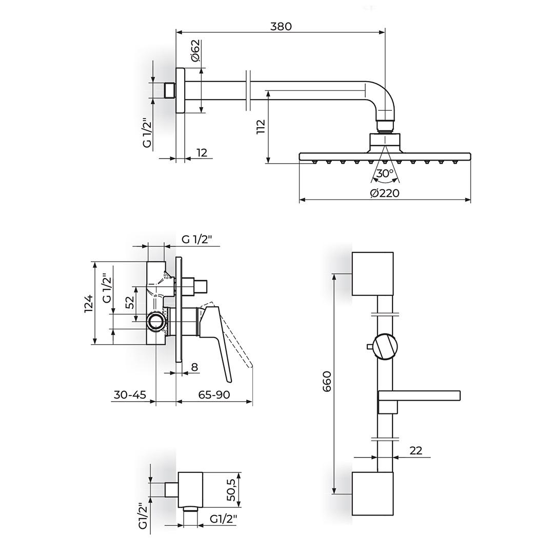Rosan Stolz 220 Chrome mešač sa prebacivačem, nadglavnim tuš setom zidnim okruglim i ručnim tuš setom sa usponskom šipkom sa kliznim držačem 131602