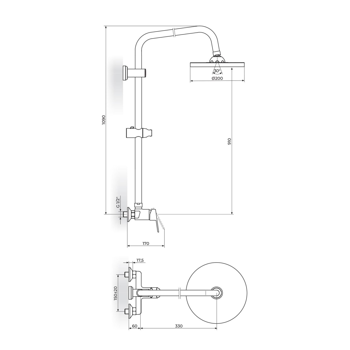 Rosan Smart 200 Chrome tuš sistem usponski sa okruglim nadglavnim tušem JA371252