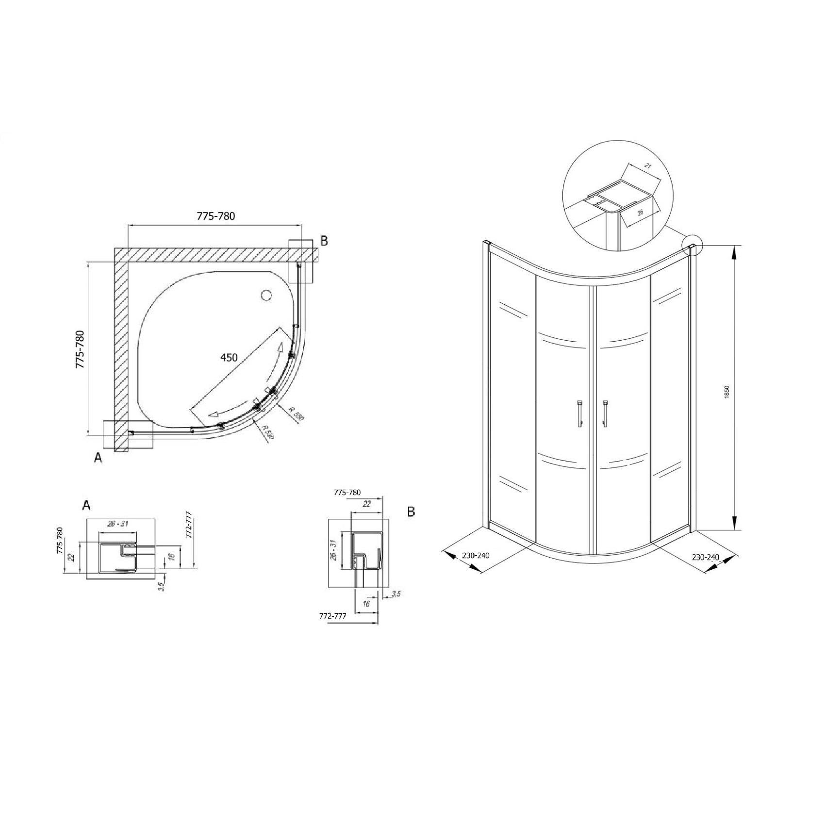 Kolpa San Eco Quat 80x80 Chrome tuš kabina polukružna visine 1850mm sa kaljenim providnim staklom debljine 5mm 538570