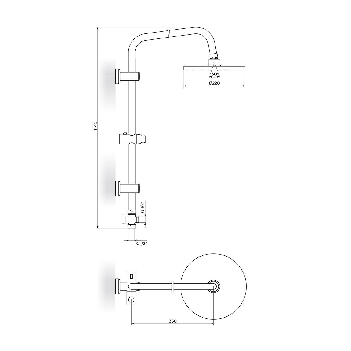 Rosan Dark 220 Matt Black nadglavni tuš okrugli na usponskoj konzoli sa ručnim tuš setom sa kliznim držačem PUTKDARK