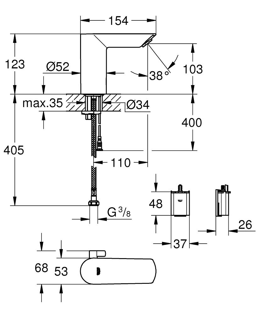 Grohe Bau Cosmopolitan E Chrome senzorska baterija (slavina) za umivaonik set sa litijumskom baterijom 36451000