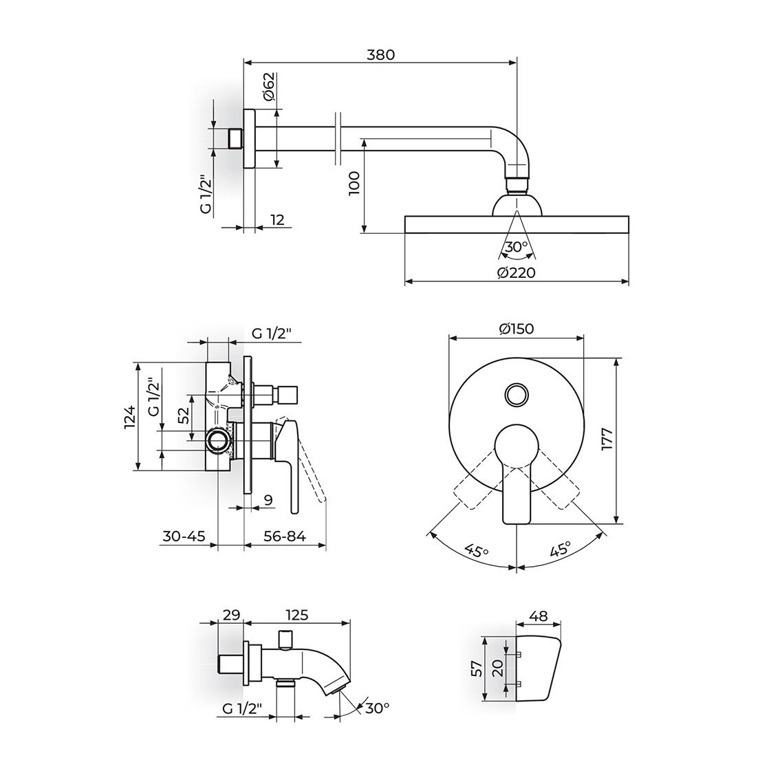 Rosan B/2 220 Chrome mešač sa prebacivačem sa okruglim nadglavnim tušem sa držačem iz zida, izlivom sa prebacivačem i priključkom i ručnog tuša sa crevom od 1500mm i zidnim držačem JB31701