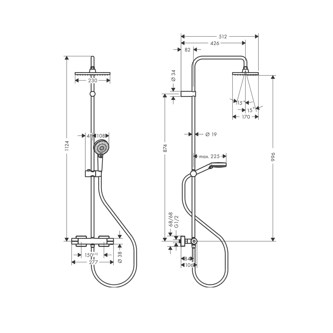 Hansgrohe Vernis Shape 230 Matt Black tuš sistem usponski sa termostatskom baterijom, ručnim tuš setom i četvrtastim nadglavnim tušem 26286670