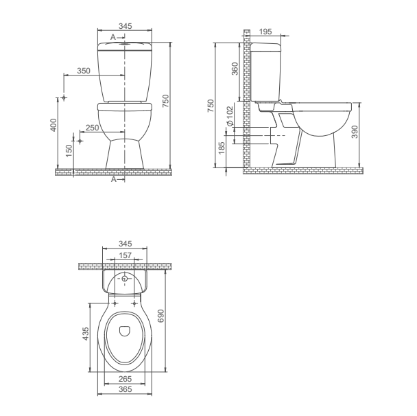 Turkuaz CeraStyle Ova White monoblok sa odvodom u zid (baltik) 36,5x69x75 8300PW