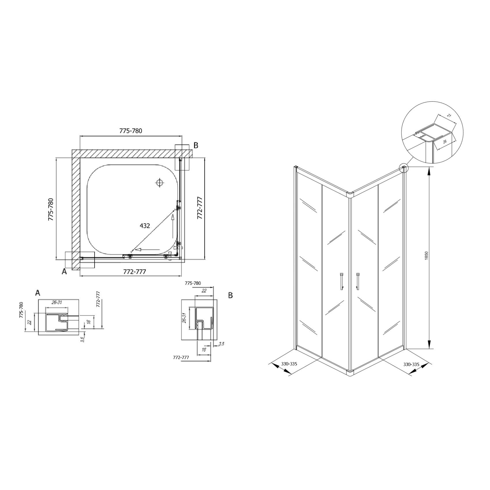 Kolpa San Eco Quat 80x80 Chrome tuš kabina četvrtasta visine 1850mm sa kaljenim providnim staklom debljine 5mm 538550