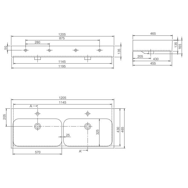 Turkuaz CeraStyle Pinto White umivaonik (lavabo) 120,5x46,5x13,5 konzolni i nadgradni sa 2 rupe za bateriju, 2 preliva i 2 korita dupli 80700U