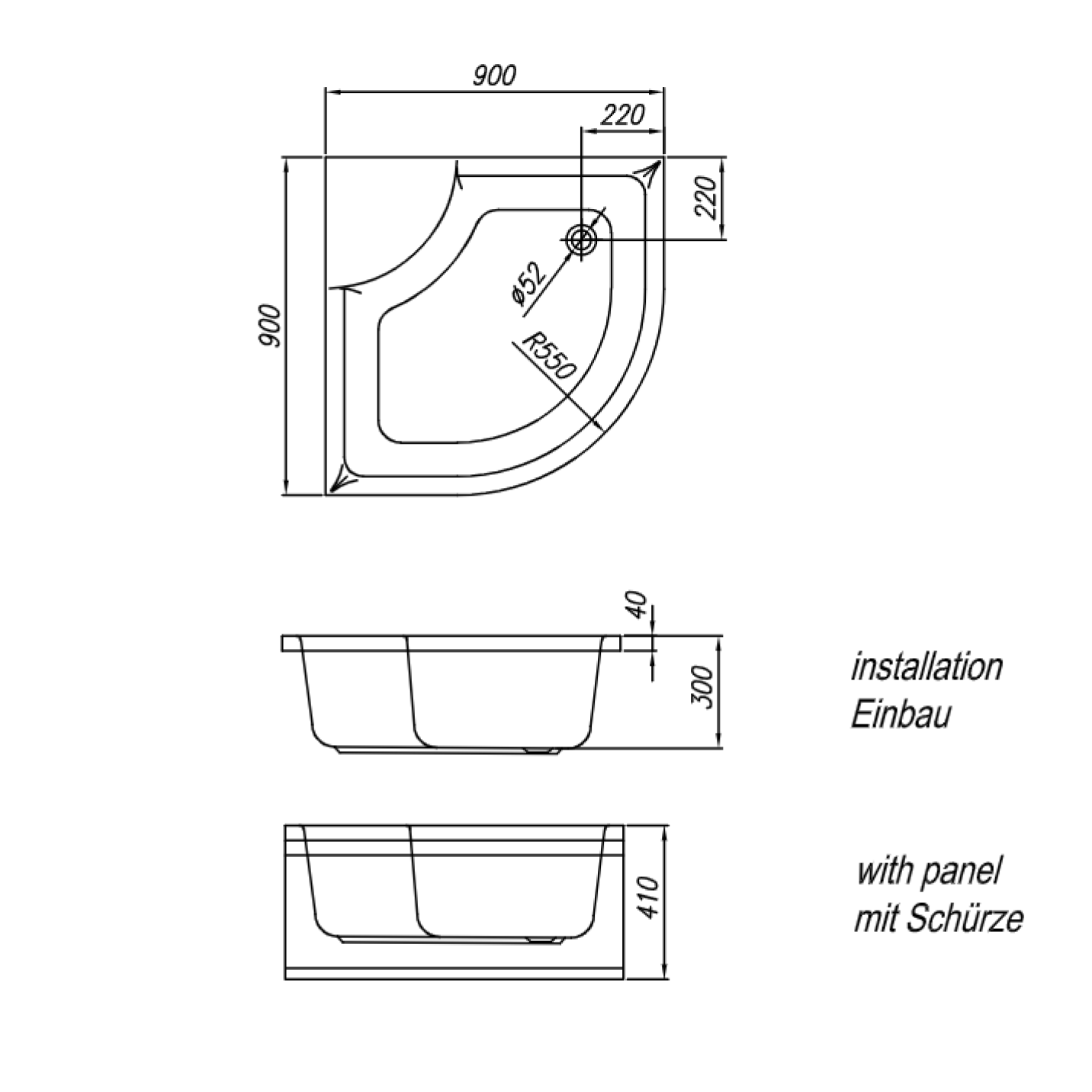 Kolpa San Dixie White 90x90x41 R550 tuš kada polukružna ugradna od sanitarnog akrila sa oblogom i postoljem 788730