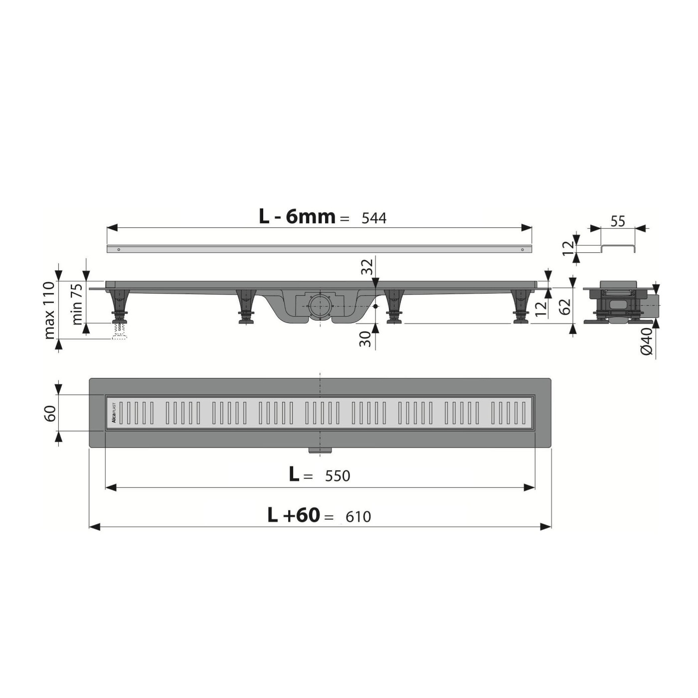 Alca Drain APZ10-550 Chrome telo kanala sa visinom ugradnje 75-110mm i Simple pokrivnom perforiranom rešetkom od nerđajućeg čelika dužine 55cm