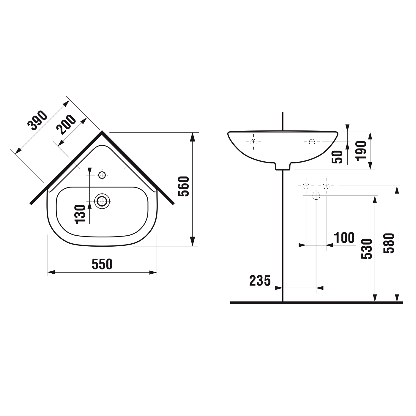 Jika Deep White  umivaonik (lavabo) 55x56x19 konzolni ugaoni sa rupom za bateriju i sa prelivom 8.1661.4.000.104.1